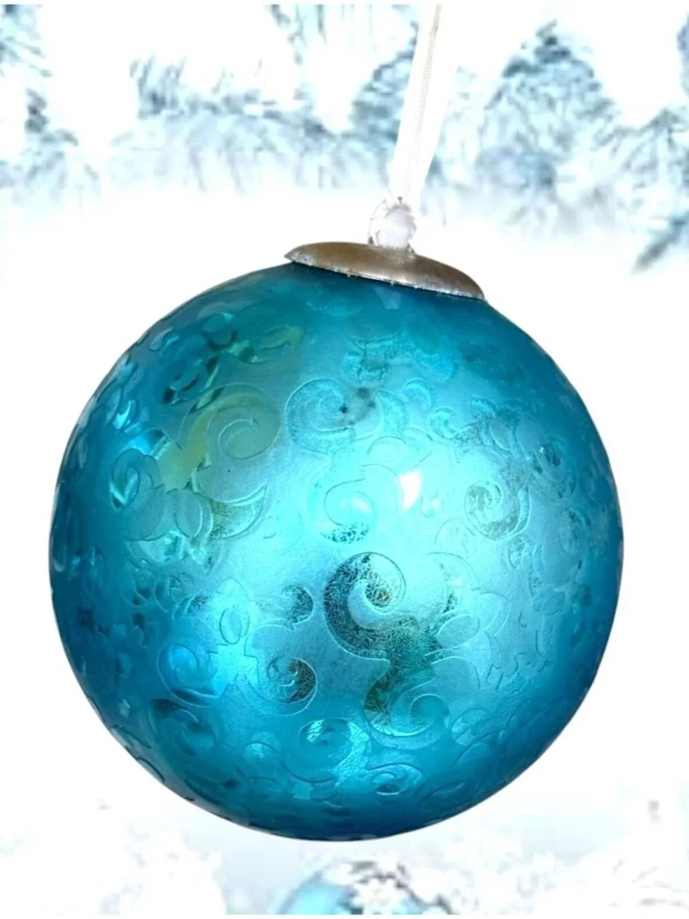 Vintage Large Aqua Blue Christmas Ornament Winter Snow Nostalgic White Ribbon